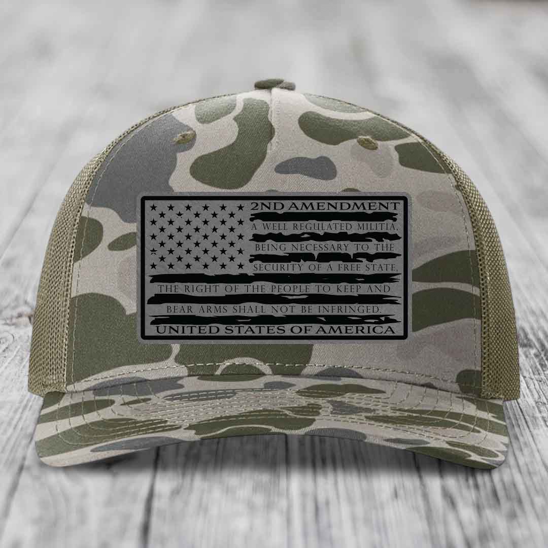 American Flag 2nd Amendment - Leather Patch Hat - Grey to Black Patch - Richardson 112PFP Snapback Trucker Hat