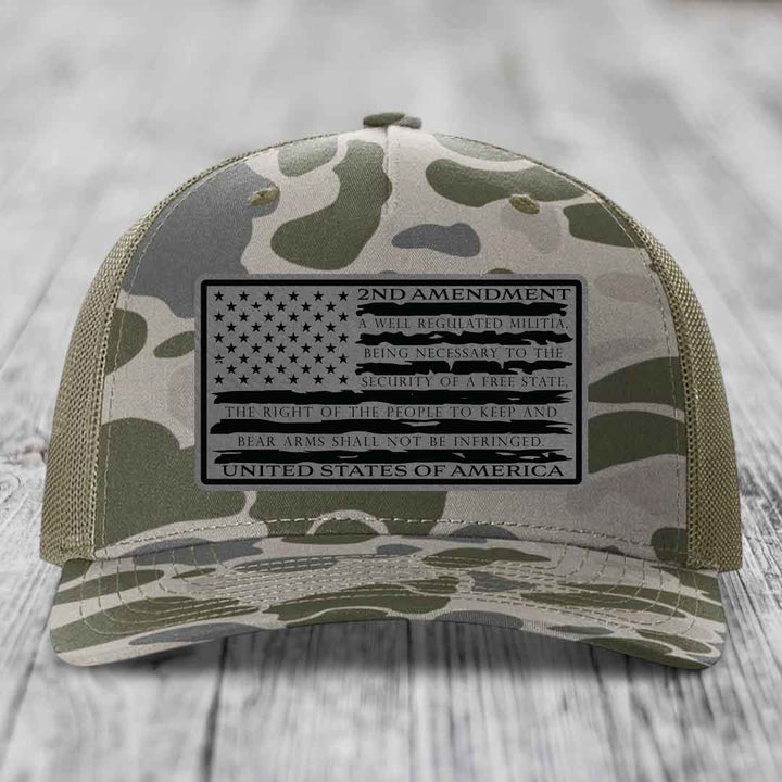 American Flag 2nd Amendment - Leather Patch Hat - Grey to Black Patch - Richardson 112PFP Snapback Trucker Hat