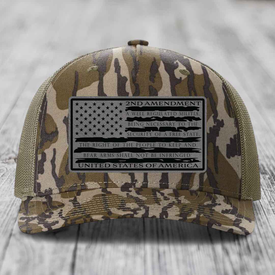 American Flag 2nd Amendment - Leather Patch Hat - Grey to Black Patch - Richardson 112PFP Snapback Trucker Hat