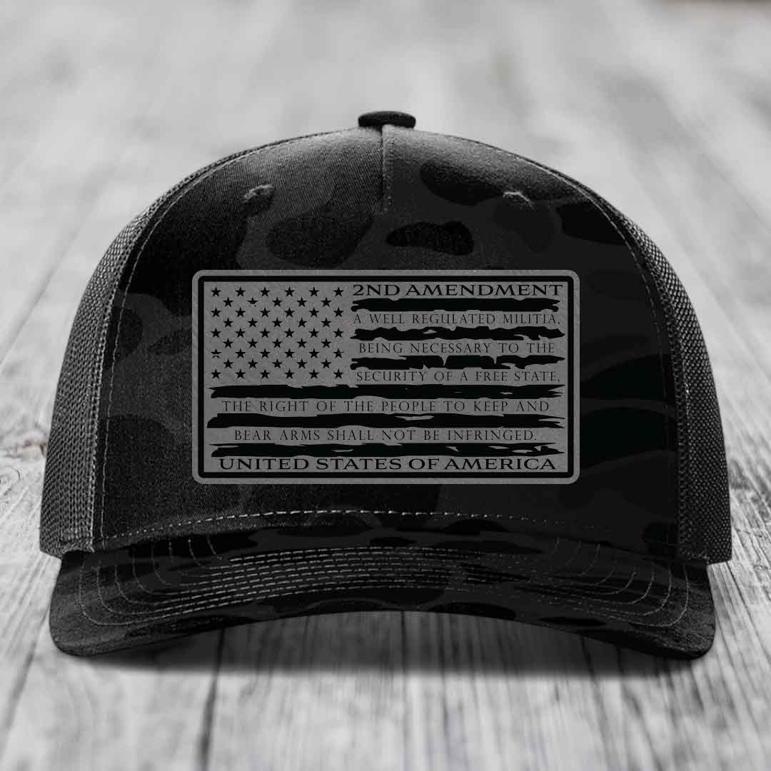 American Flag 2nd Amendment - Leather Patch Hat - Grey to Black Patch - Richardson 112PFP Snapback Trucker Hat