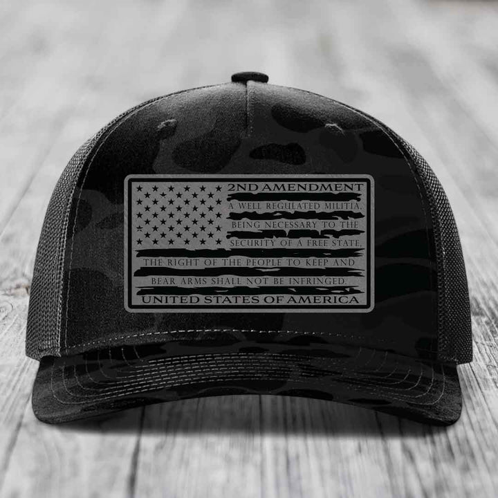 American Flag 2nd Amendment - Leather Patch Hat - Grey to Black Patch - Richardson 112PFP Snapback Trucker Hat