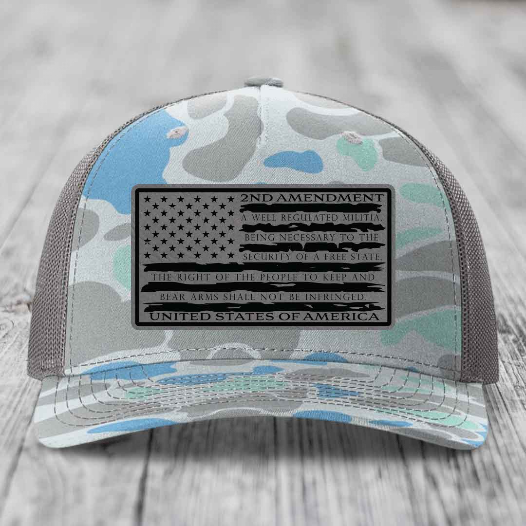 American Flag 2nd Amendment - Leather Patch Hat - Grey to Black Patch - Richardson 112PFP Snapback Trucker Hat