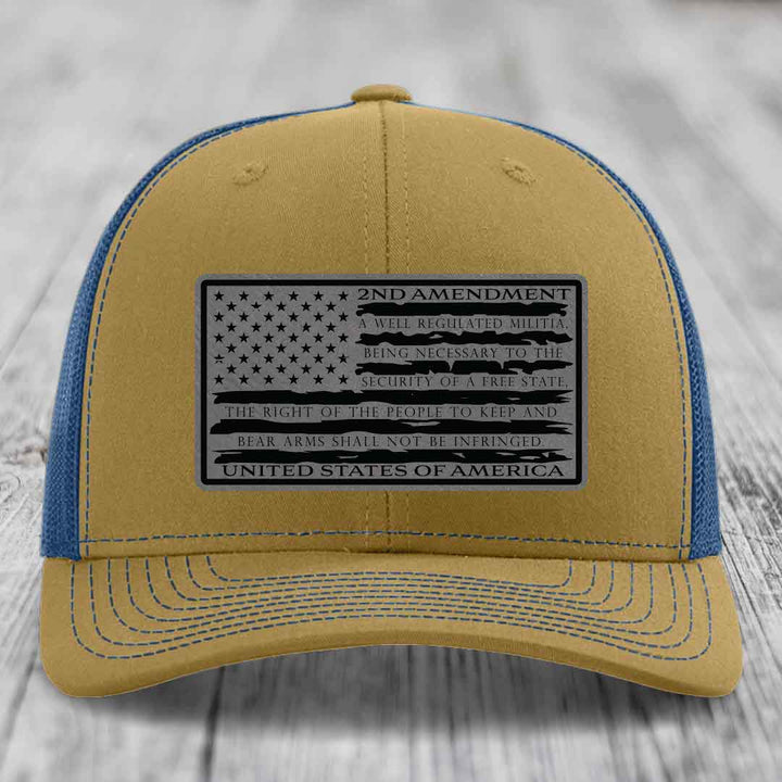 American Flag 2nd Amendment - Leather Patch Hat - Grey to Black Patch - Richardson 112 Snapback Trucker Hat