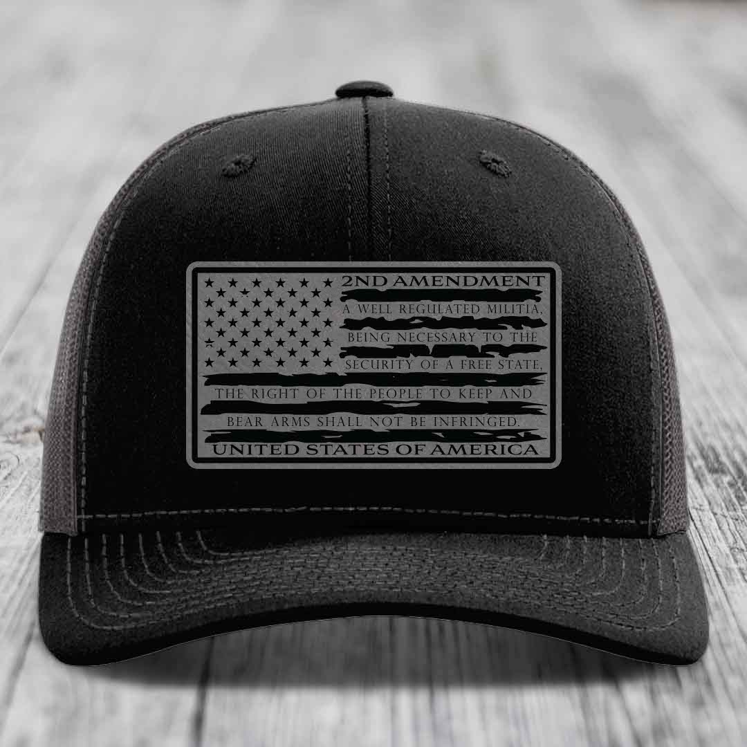American Flag 2nd Amendment - Leather Patch Hat - Grey to Black Patch - Richardson 112 Snapback Trucker Hat