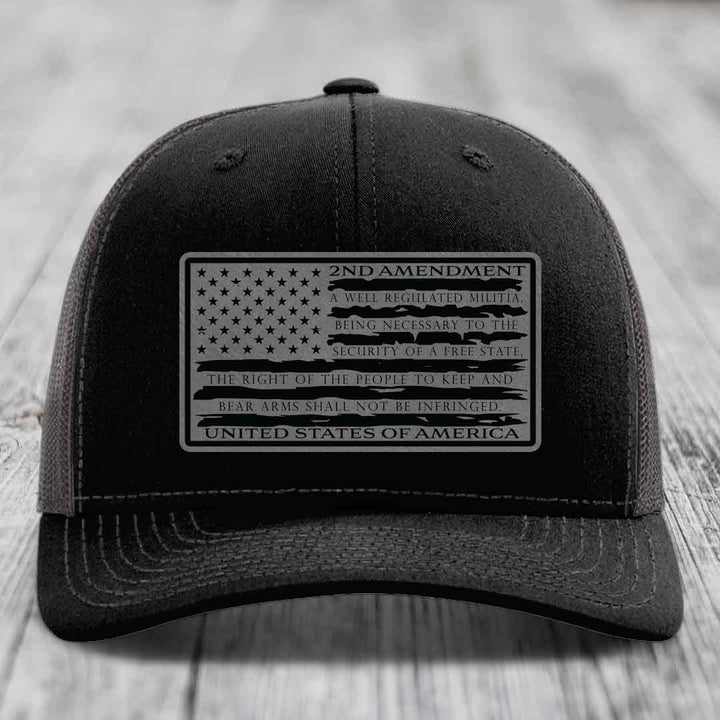 American Flag 2nd Amendment - Leather Patch Hat - Grey to Black Patch - Richardson 112 Snapback Trucker Hat