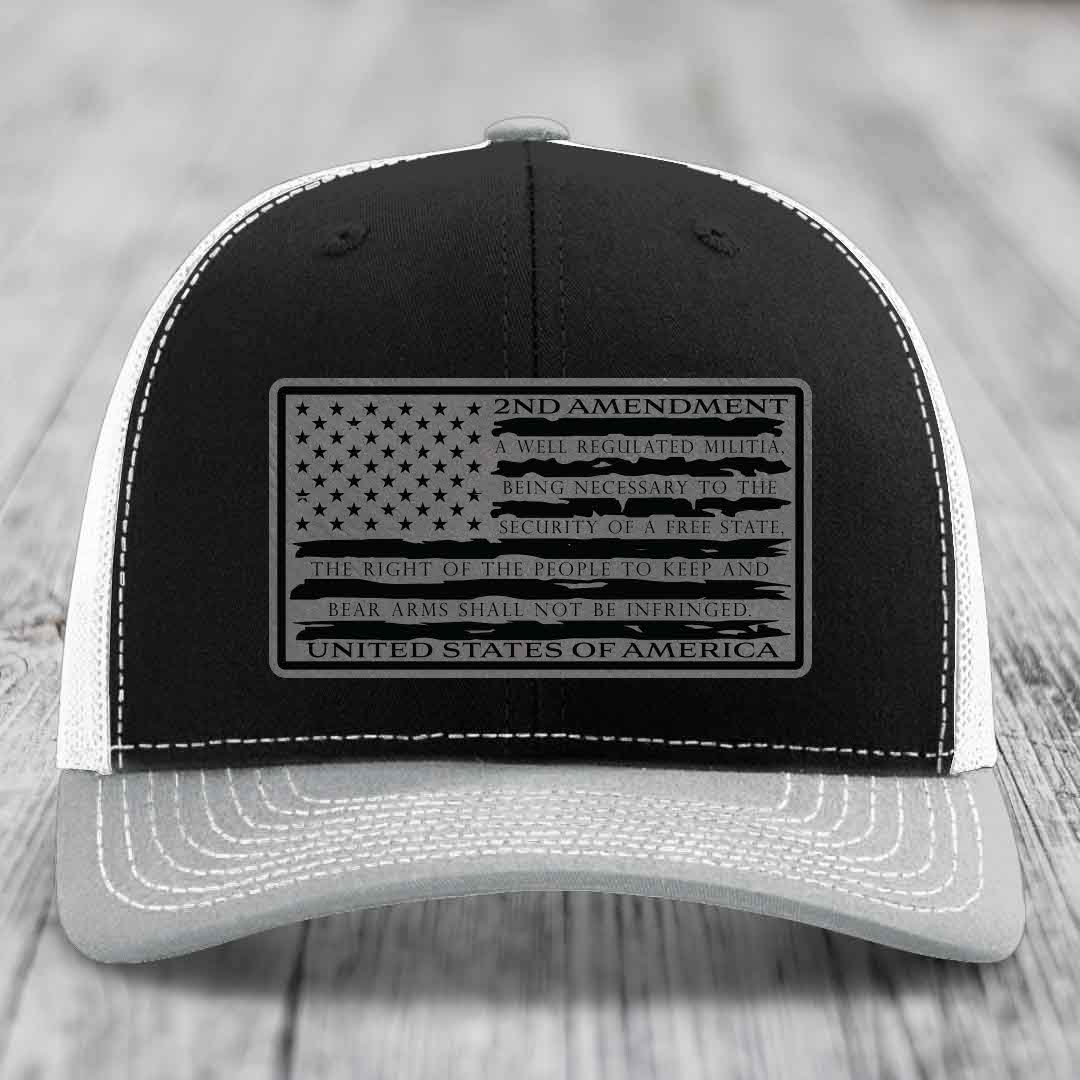 American Flag 2nd Amendment - Leather Patch Hat - Grey to Black Patch - Richardson 112 Snapback Trucker Hat