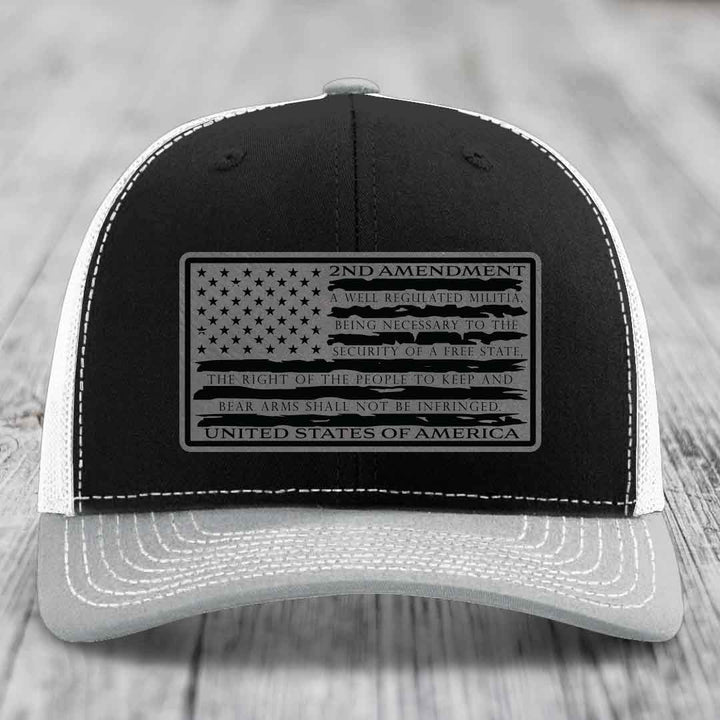American Flag 2nd Amendment - Leather Patch Hat - Grey to Black Patch - Richardson 112 Snapback Trucker Hat