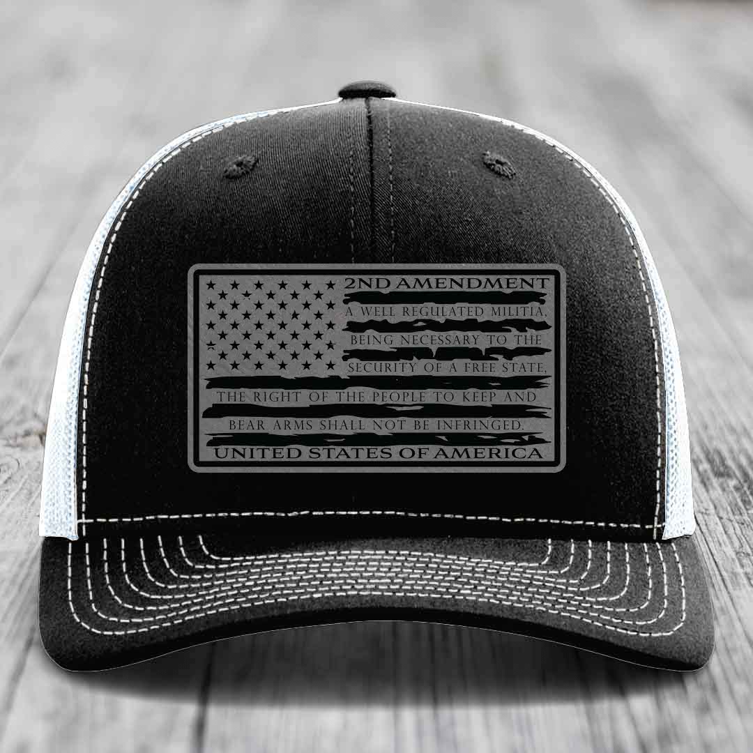 American Flag 2nd Amendment - Leather Patch Hat - Grey to Black Patch - Richardson 112 Snapback Trucker Hat
