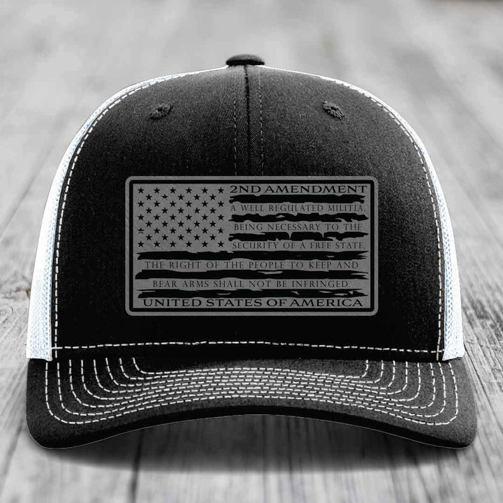 American Flag 2nd Amendment - Leather Patch Hat - Grey to Black Patch - Richardson 112 Snapback Trucker Hat