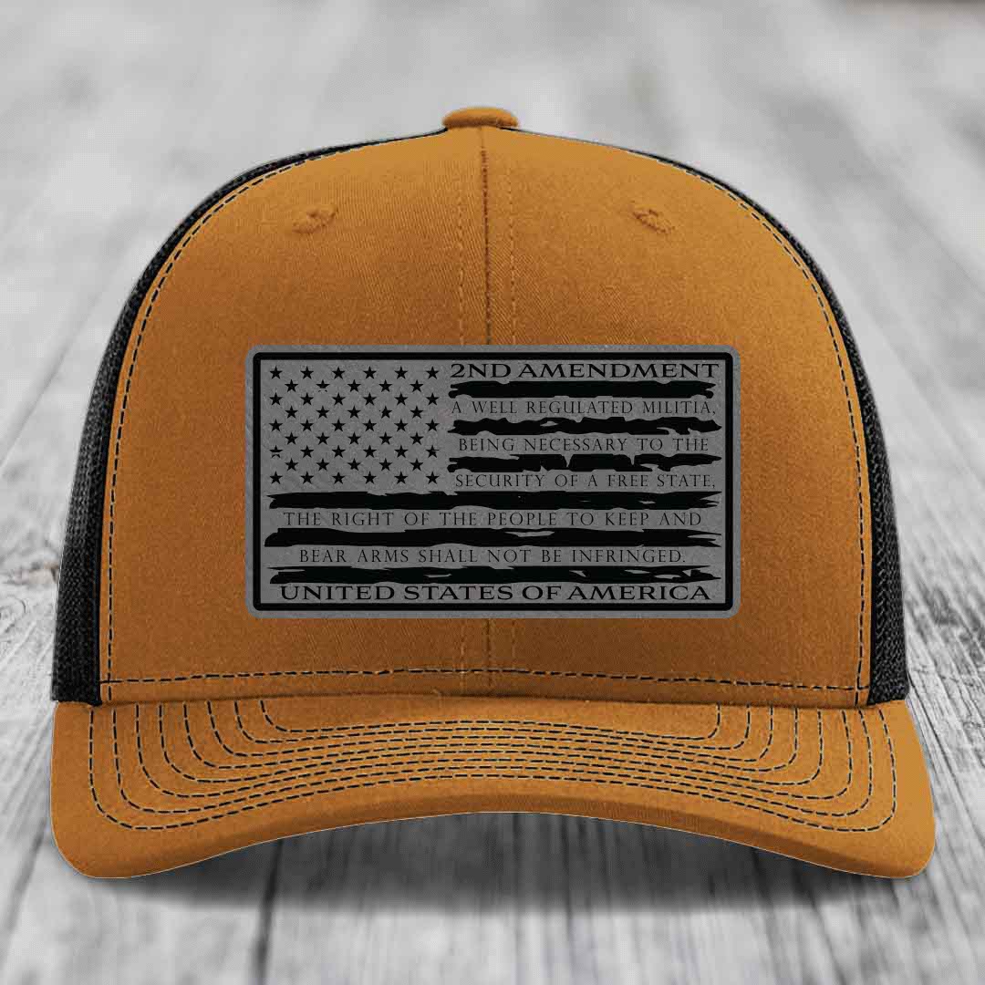 American Flag 2nd Amendment - Leather Patch Hat - Grey to Black Patch - Richardson 112 Snapback Trucker Hat