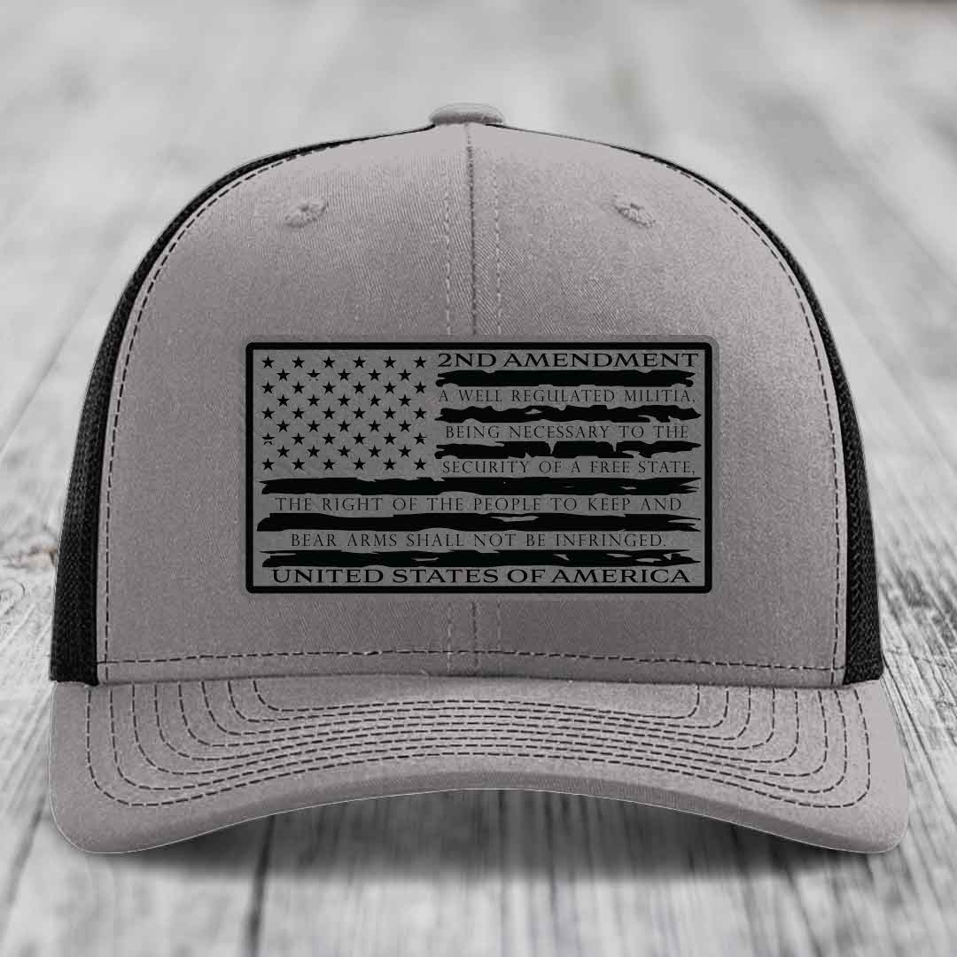 American Flag 2nd Amendment - Leather Patch Hat - Grey to Black Patch - Richardson 112 Snapback Trucker Hat