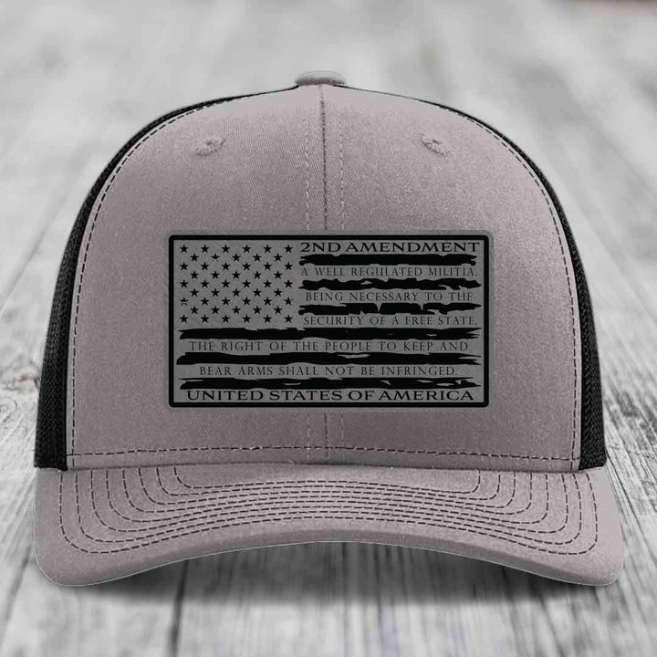 American Flag 2nd Amendment - Leather Patch Hat - Grey to Black Patch - Richardson 112 Snapback Trucker Hat