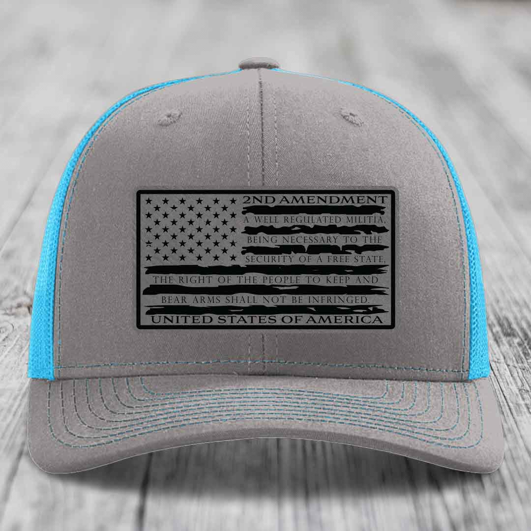 American Flag 2nd Amendment - Leather Patch Hat - Grey to Black Patch - Richardson 112 Snapback Trucker Hat