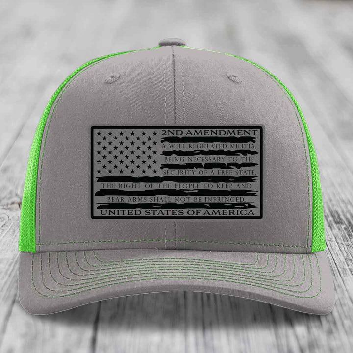 American Flag 2nd Amendment - Leather Patch Hat - Grey to Black Patch - Richardson 112 Snapback Trucker Hat