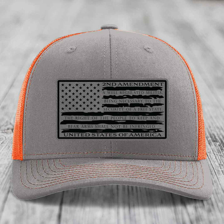 American Flag 2nd Amendment - Leather Patch Hat - Grey to Black Patch - Richardson 112 Snapback Trucker Hat