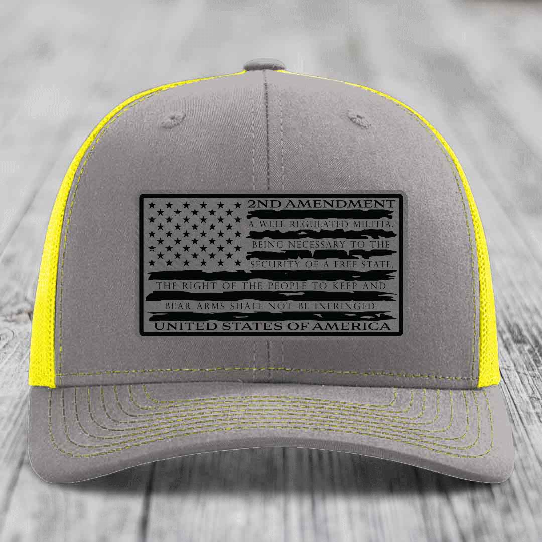 American Flag 2nd Amendment - Leather Patch Hat - Grey to Black Patch - Richardson 112 Snapback Trucker Hat