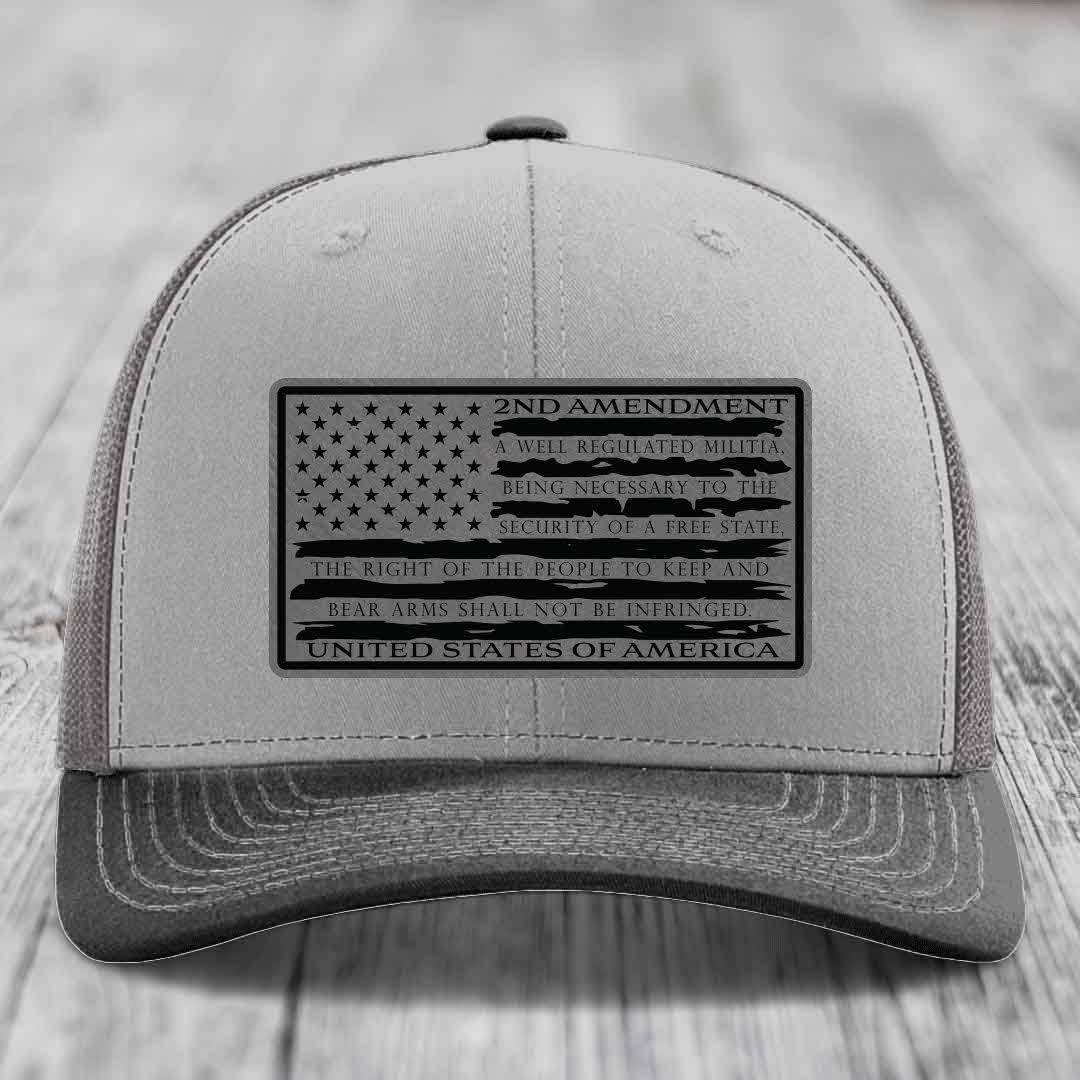American Flag 2nd Amendment - Leather Patch Hat - Grey to Black Patch - Richardson 112 Snapback Trucker Hat