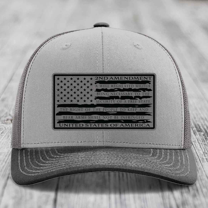 American Flag 2nd Amendment - Leather Patch Hat - Grey to Black Patch - Richardson 112 Snapback Trucker Hat