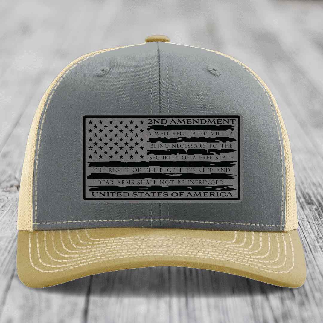 American Flag 2nd Amendment - Leather Patch Hat - Grey to Black Patch - Richardson 112 Snapback Trucker Hat