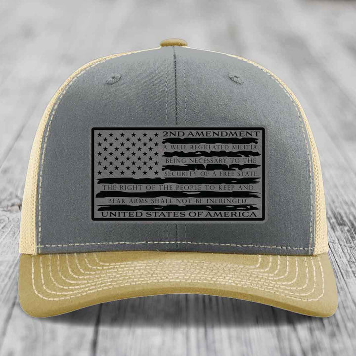 American Flag 2nd Amendment - Leather Patch Hat - Grey to Black Patch - Richardson 112 Snapback Trucker Hat