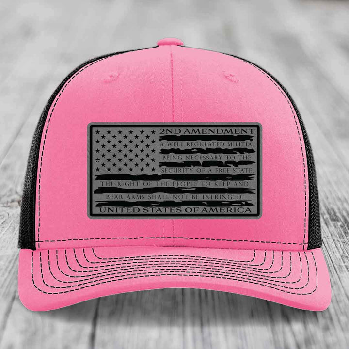 American Flag 2nd Amendment - Leather Patch Hat - Grey to Black Patch - Richardson 112 Snapback Trucker Hat