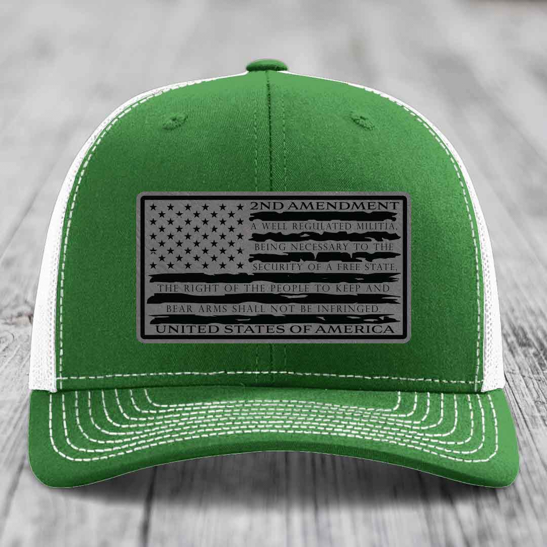 American Flag 2nd Amendment - Leather Patch Hat - Grey to Black Patch - Richardson 112 Snapback Trucker Hat