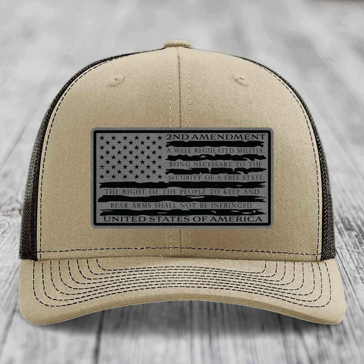 American Flag 2nd Amendment - Leather Patch Hat - Grey to Black Patch - Richardson 112 Snapback Trucker Hat