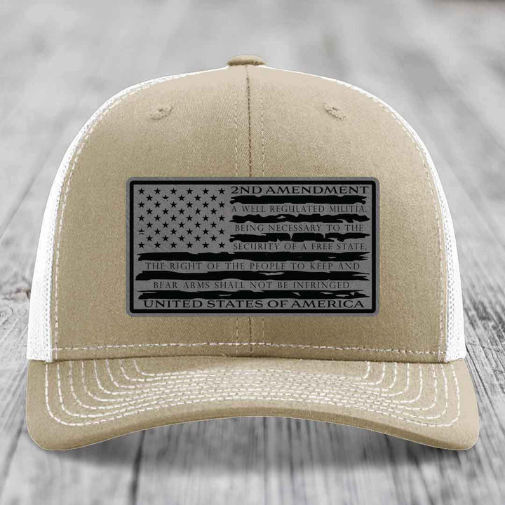 American Flag 2nd Amendment - Leather Patch Hat - Grey to Black Patch - Richardson 112 Snapback Trucker Hat