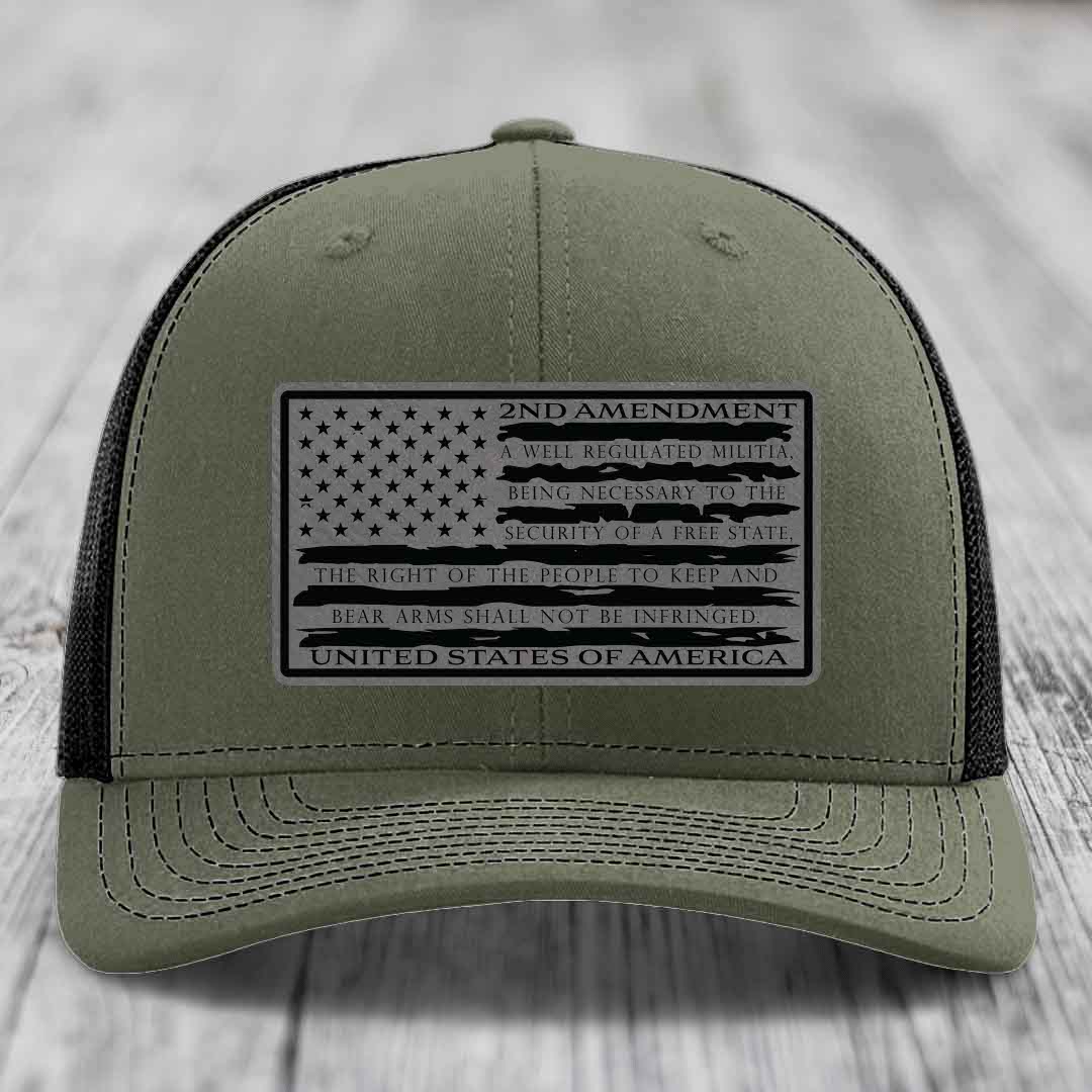 American Flag 2nd Amendment - Leather Patch Hat - Grey to Black Patch - Richardson 112 Snapback Trucker Hat