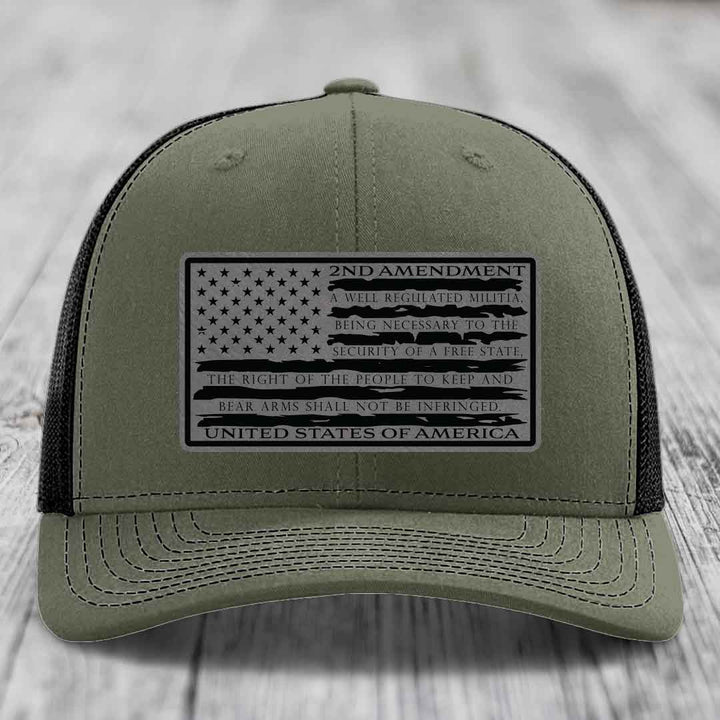 American Flag 2nd Amendment - Leather Patch Hat - Grey to Black Patch - Richardson 112 Snapback Trucker Hat