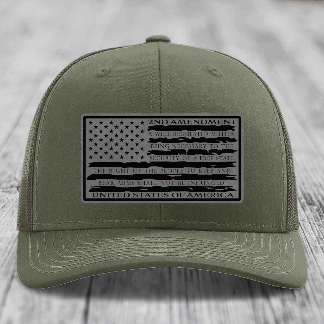 American Flag 2nd Amendment - Leather Patch Hat - Grey to Black Patch - Richardson 112 Snapback Trucker Hat