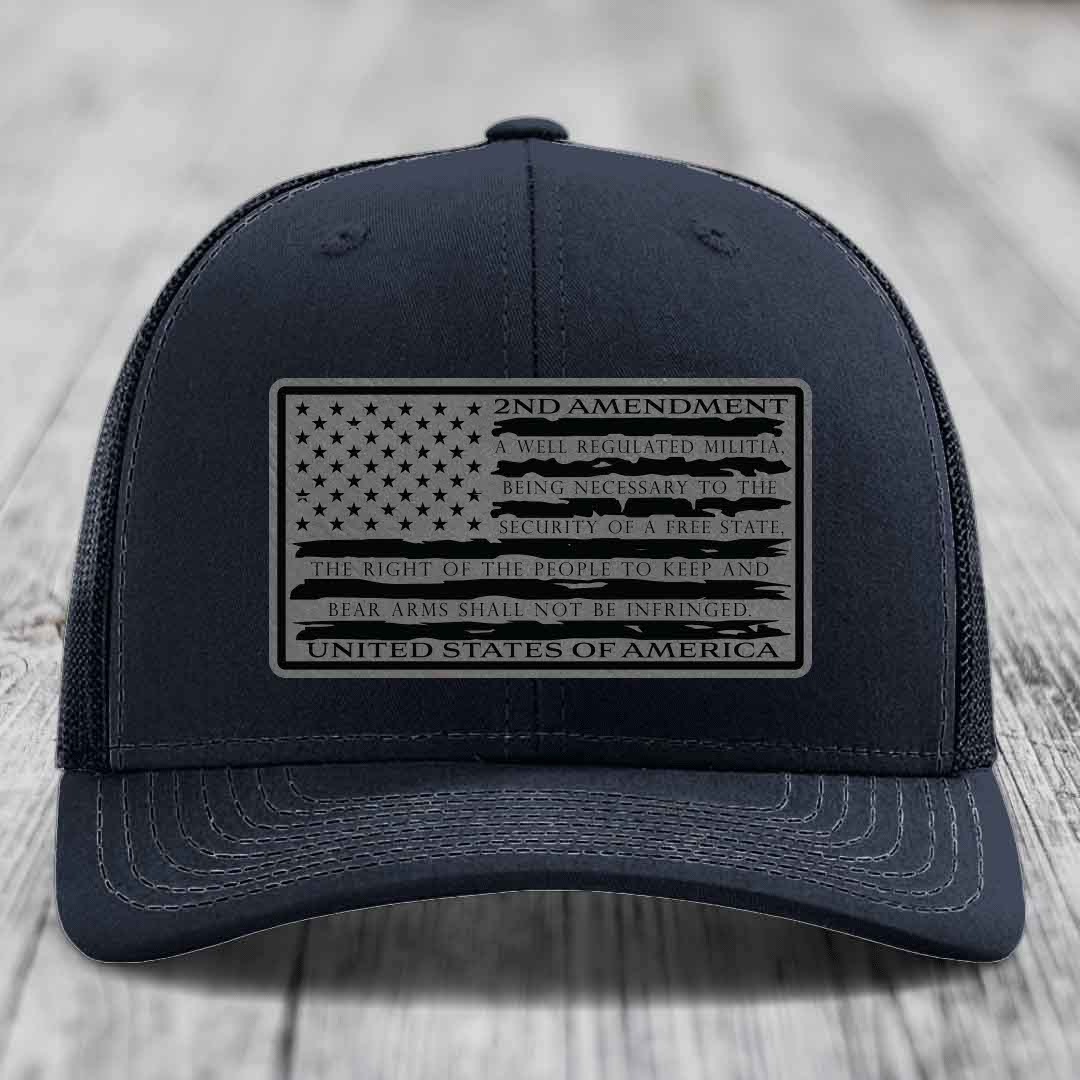 American Flag 2nd Amendment - Leather Patch Hat - Grey to Black Patch - Richardson 112 Snapback Trucker Hat