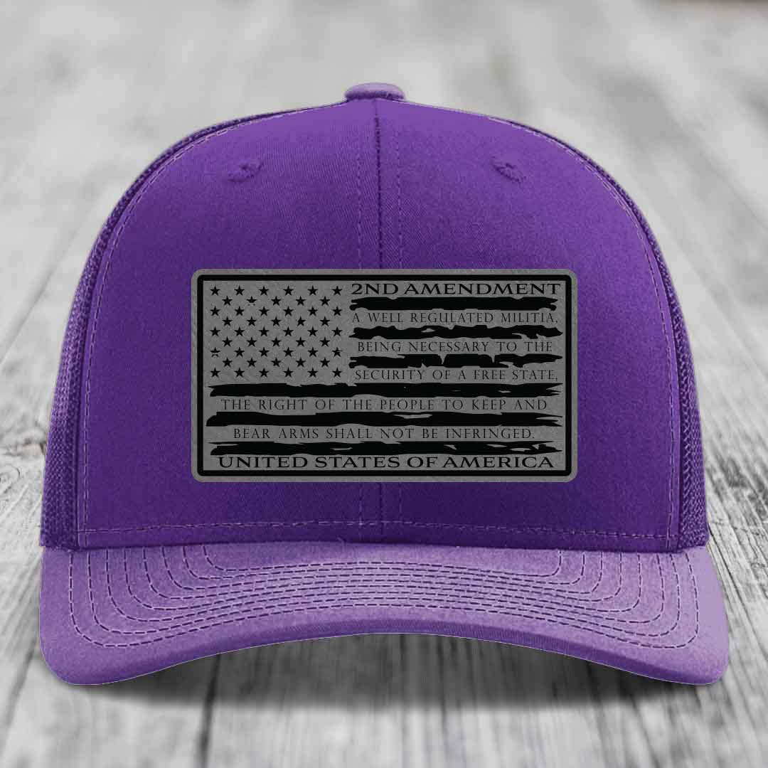 American Flag 2nd Amendment - Leather Patch Hat - Grey to Black Patch - Richardson 112 Snapback Trucker Hat