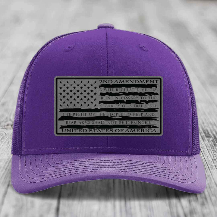 American Flag 2nd Amendment - Leather Patch Hat - Grey to Black Patch - Richardson 112 Snapback Trucker Hat