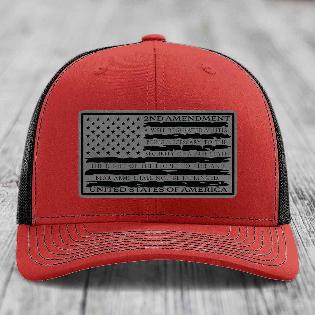 American Flag 2nd Amendment - Leather Patch Hat - Grey to Black Patch - Richardson 112 Snapback Trucker Hat