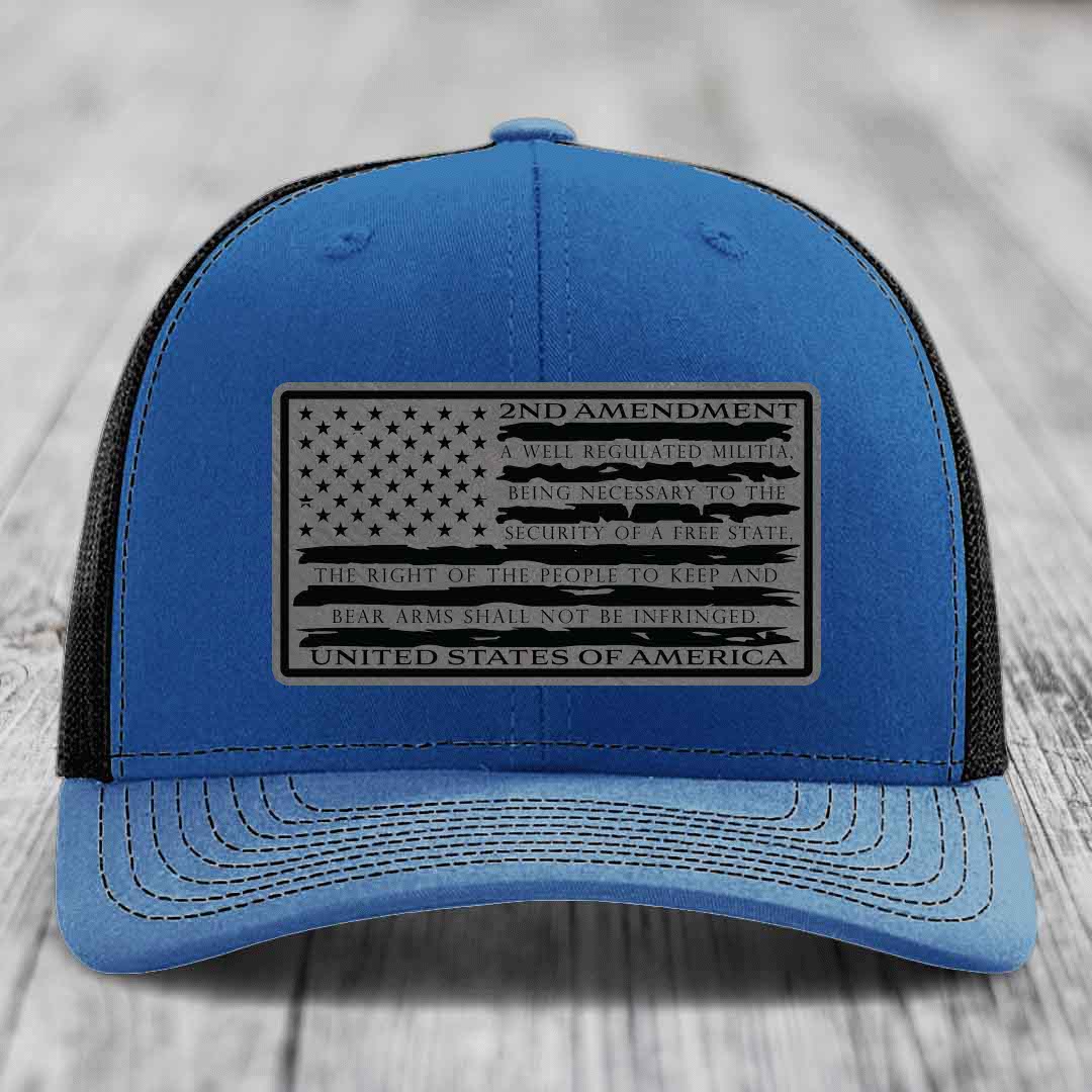 American Flag 2nd Amendment - Leather Patch Hat - Grey to Black Patch - Richardson 112 Snapback Trucker Hat