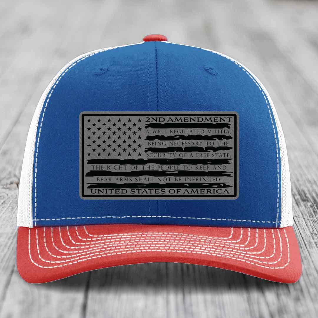 American Flag 2nd Amendment - Leather Patch Hat - Grey to Black Patch - Richardson 112 Snapback Trucker Hat