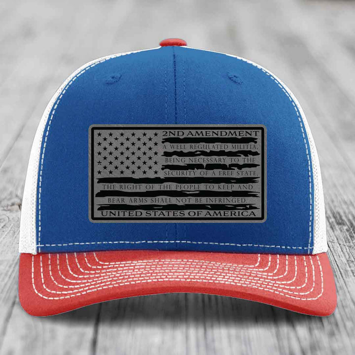 American Flag 2nd Amendment - Leather Patch Hat - Grey to Black Patch - Richardson 112 Snapback Trucker Hat