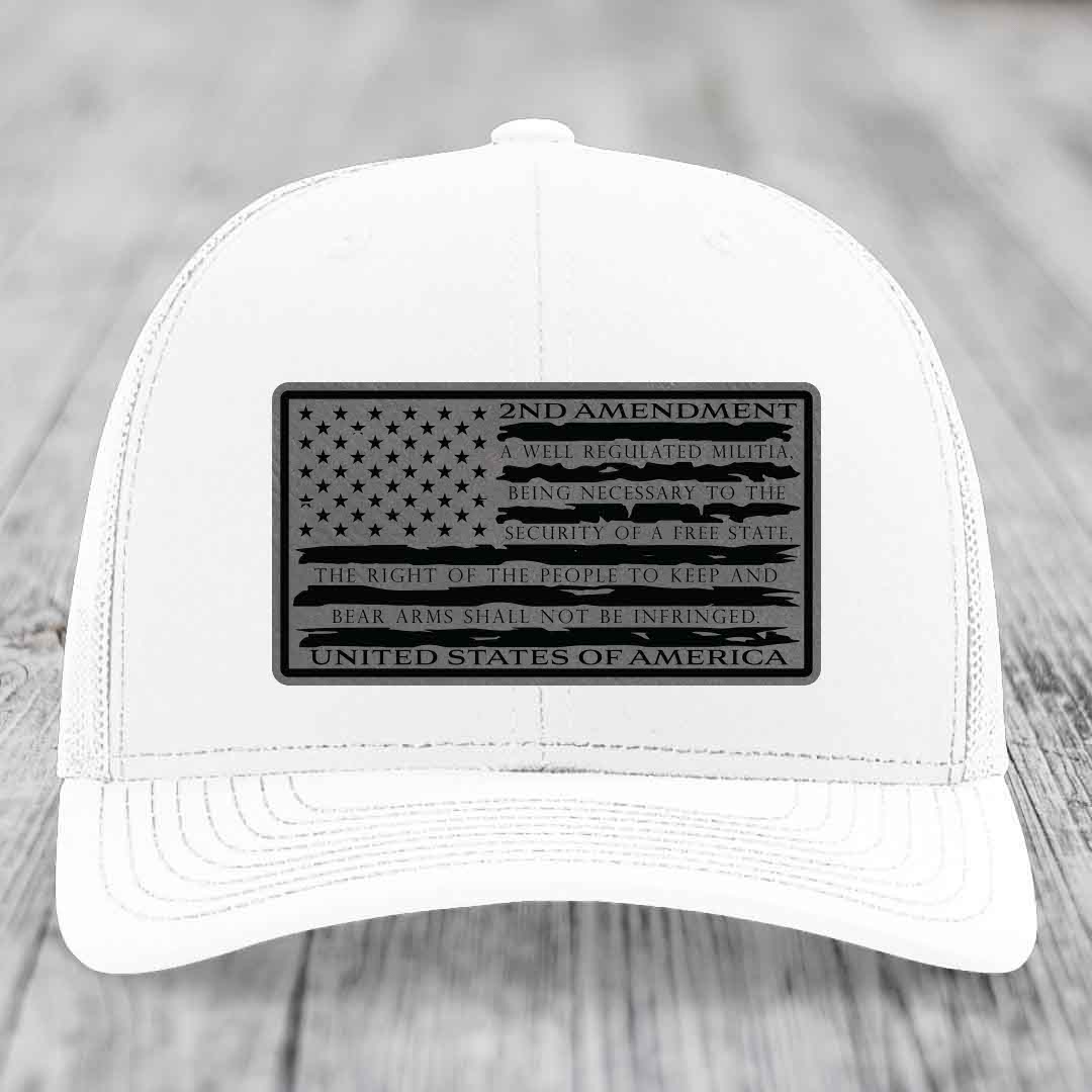 American Flag 2nd Amendment - Leather Patch Hat - Grey to Black Patch - Richardson 112 Snapback Trucker Hat
