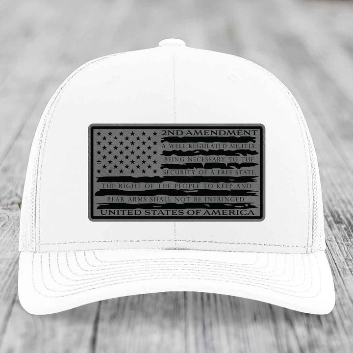 American Flag 2nd Amendment - Leather Patch Hat - Grey to Black Patch - Richardson 112 Snapback Trucker Hat