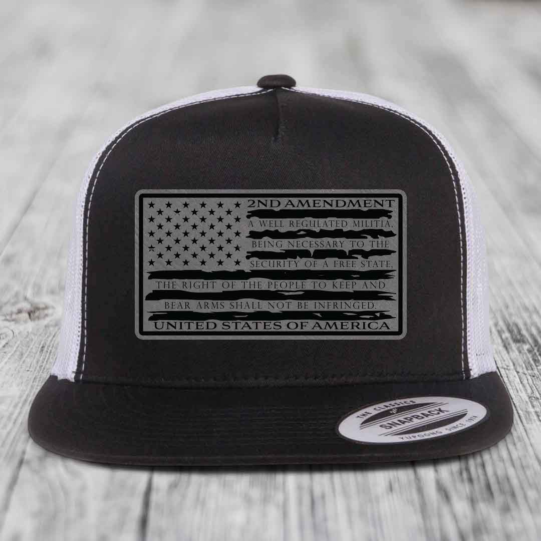 American Flag 2nd Amendment - Leather Patch Hat - Grey to Black Patch - Yupoong 6006 Snapback Flatbill Hat