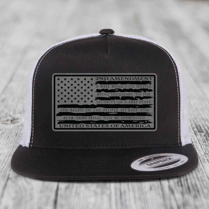 American Flag 2nd Amendment - Leather Patch Hat - Grey to Black Patch - Yupoong 6006 Snapback Flatbill Hat