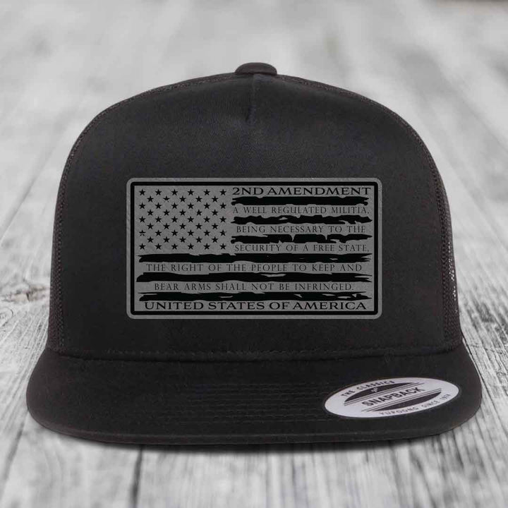 American Flag 2nd Amendment - Leather Patch Hat - Grey to Black Patch - Yupoong 6006 Snapback Flatbill Hat