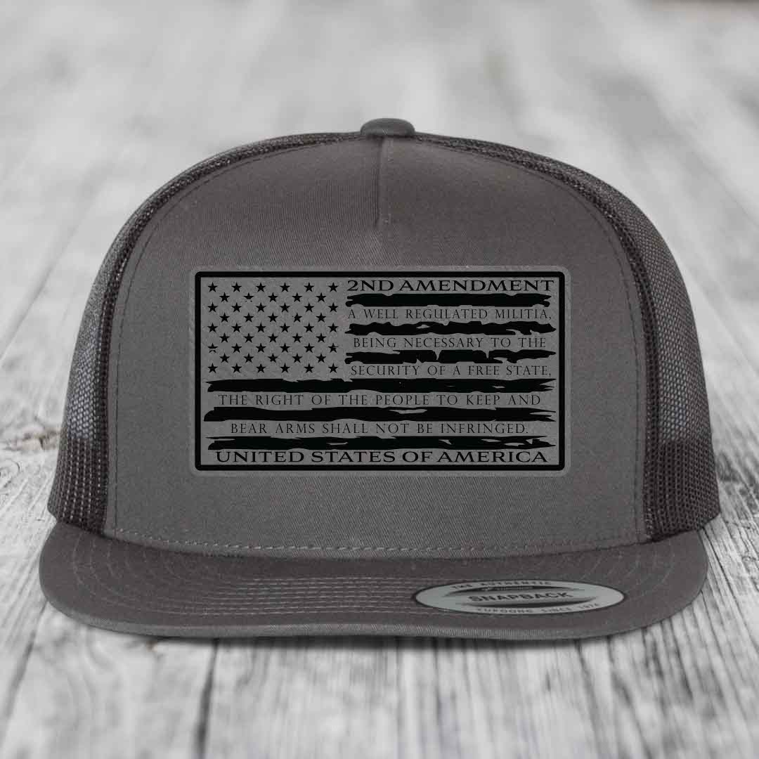 American Flag 2nd Amendment - Leather Patch Hat - Grey to Black Patch - Yupoong 6006 Snapback Flatbill Hat