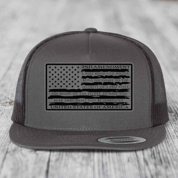 American Flag 2nd Amendment - Leather Patch Hat - Grey to Black Patch - Yupoong 6006 Snapback Flatbill Hat