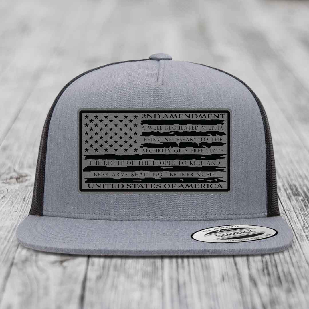 American Flag 2nd Amendment - Leather Patch Hat - Grey to Black Patch - Yupoong 6006 Snapback Flatbill Hat