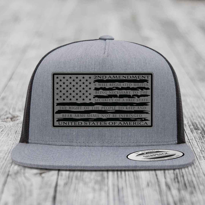 American Flag 2nd Amendment - Leather Patch Hat - Grey to Black Patch - Yupoong 6006 Snapback Flatbill Hat