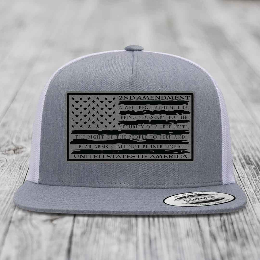 American Flag 2nd Amendment - Leather Patch Hat - Grey to Black Patch - Yupoong 6006 Snapback Flatbill Hat