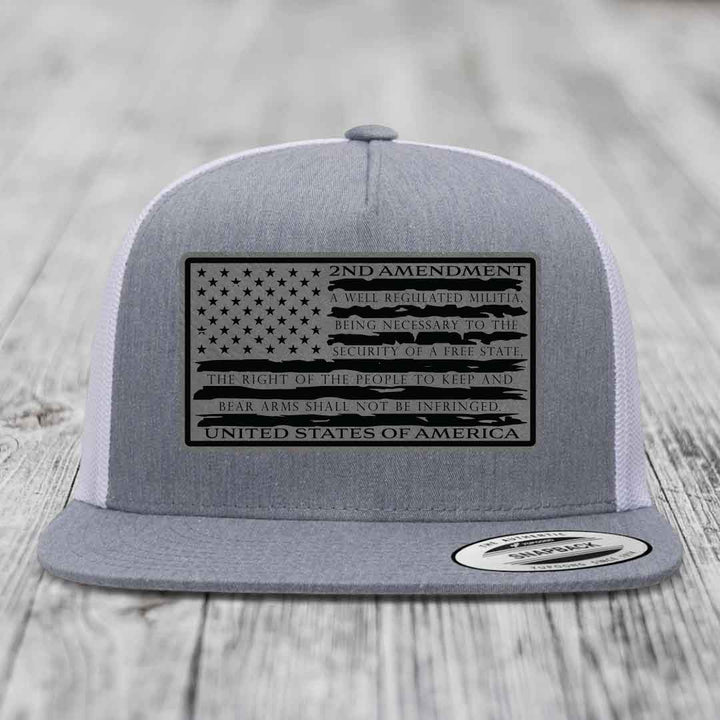 American Flag 2nd Amendment - Leather Patch Hat - Grey to Black Patch - Yupoong 6006 Snapback Flatbill Hat