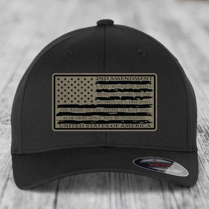 American Flag 2nd Amendment - Leather Patch Hat - Light Brown to Black Patch - Flexfit 6277 Fitted Hat